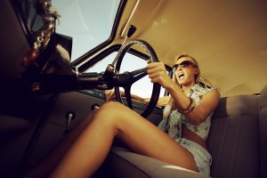 Beautiful,Young,Woman,Driving,Vintage,Car.